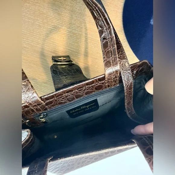 Vintage Salvatore Ferragamo Brown Croc Top Handle 2-Way Bag w/ Strap - Picture 12 of 14